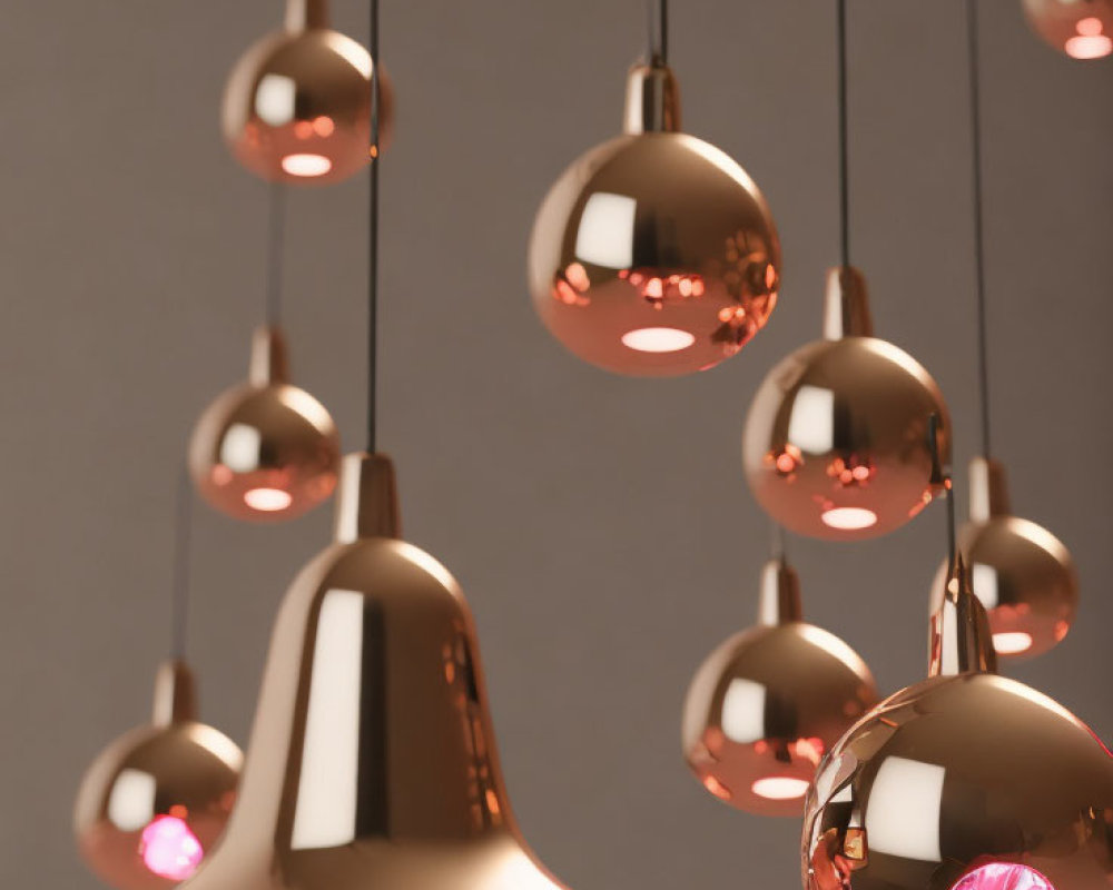 Contemporary Interior with Varying Sizes of Rose Gold Pendant Lights