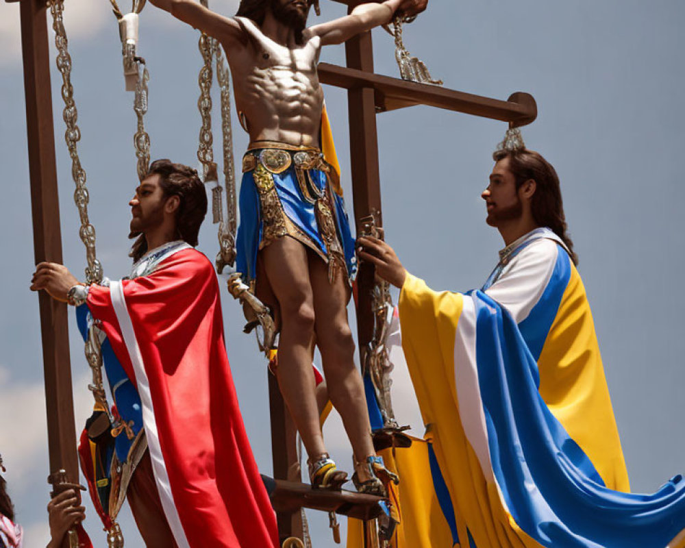 Biblical scene with three individuals under clear sky