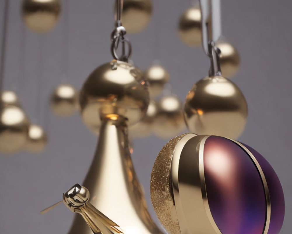 Golden Baubles and Bells on Grey Background with Colorful Interior