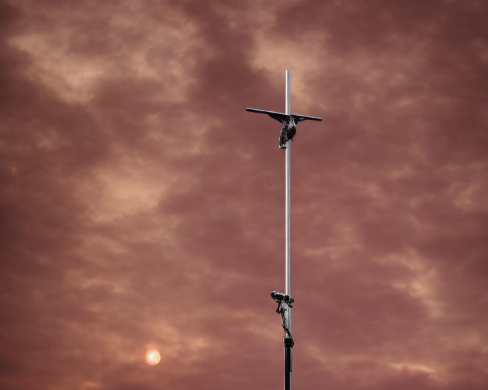 Orange Sunset Sky with Vertical Pole and Symmetrical Birds