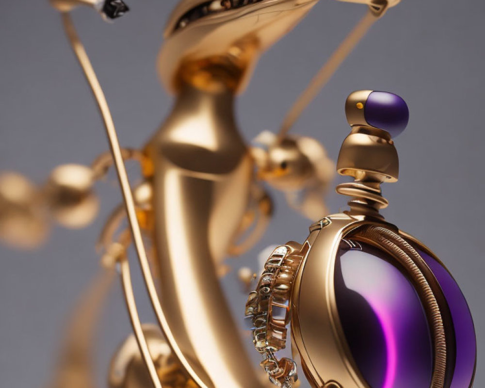 Close-up of abstract golden sculpture with purple-tinted lens and mechanical elements on gray background