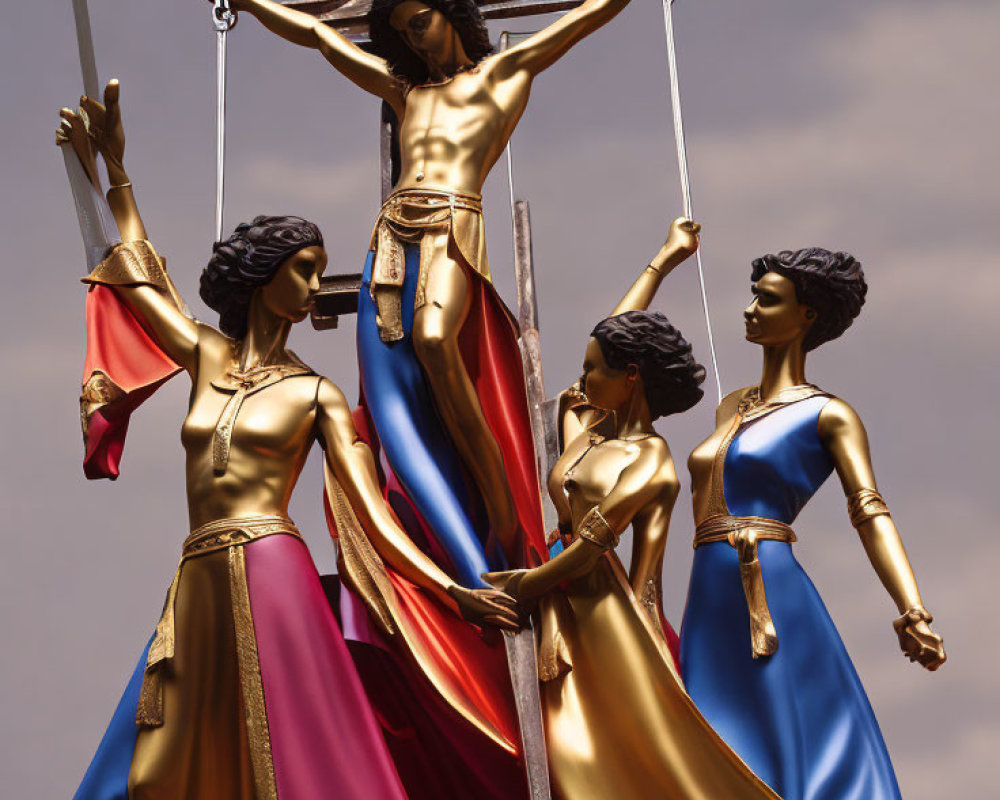 Three women in flowing gowns around central figure on cross under dramatic sky