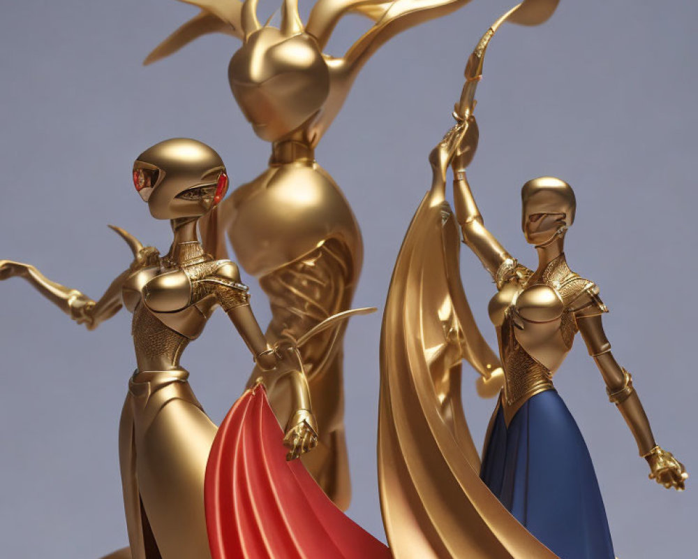 Stylized female figures in gold and blue with flowing capes and dramatic poses