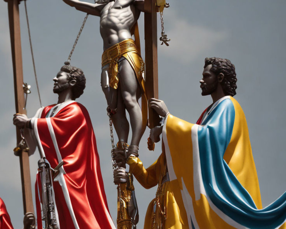 Religious statue of crucified figure in golden shorts with two robed figures in red and blue under