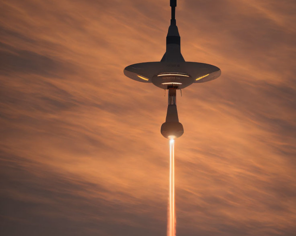 Ceiling light against sunset sky with wispy clouds mimics spacecraft beam