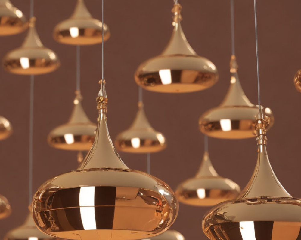 Golden Droplet-Shaped Pendants on Brown Background with Modern Design