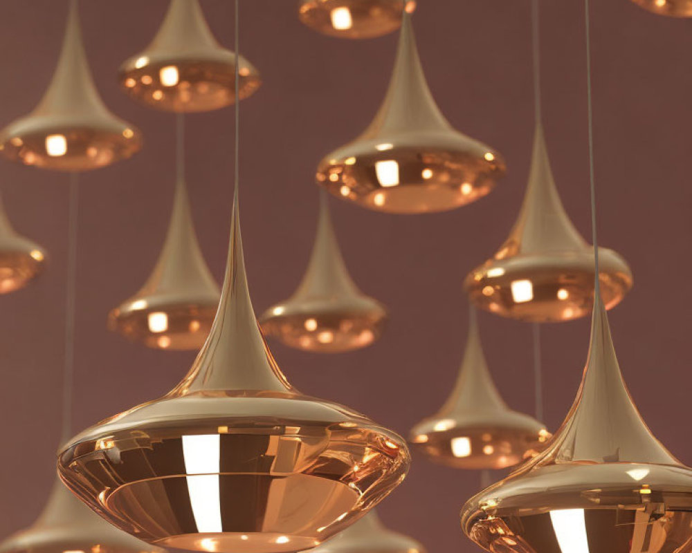 Reflective copper pendant lights on soft pink background