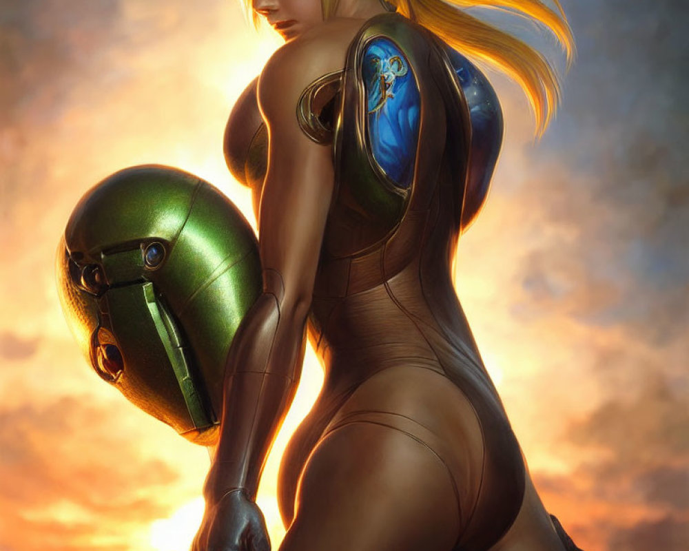 Futuristic digital artwork of blonde female character holding green helmet