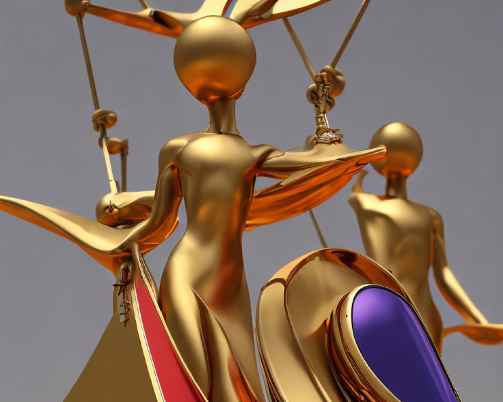 Golden Lady Justice sculpture with scales and blindfold on muted background