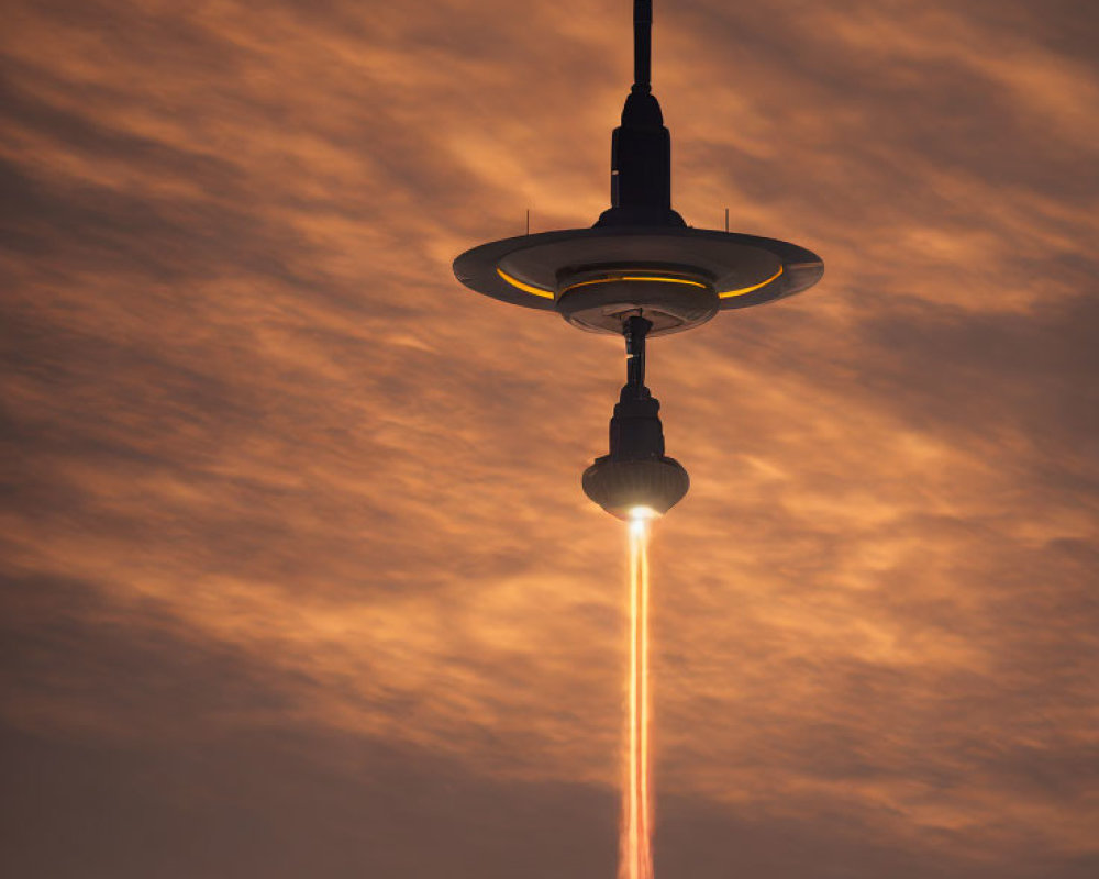 Street lamp silhouetted against dramatic orange sky with sun below, creating illusion of emitting light beam