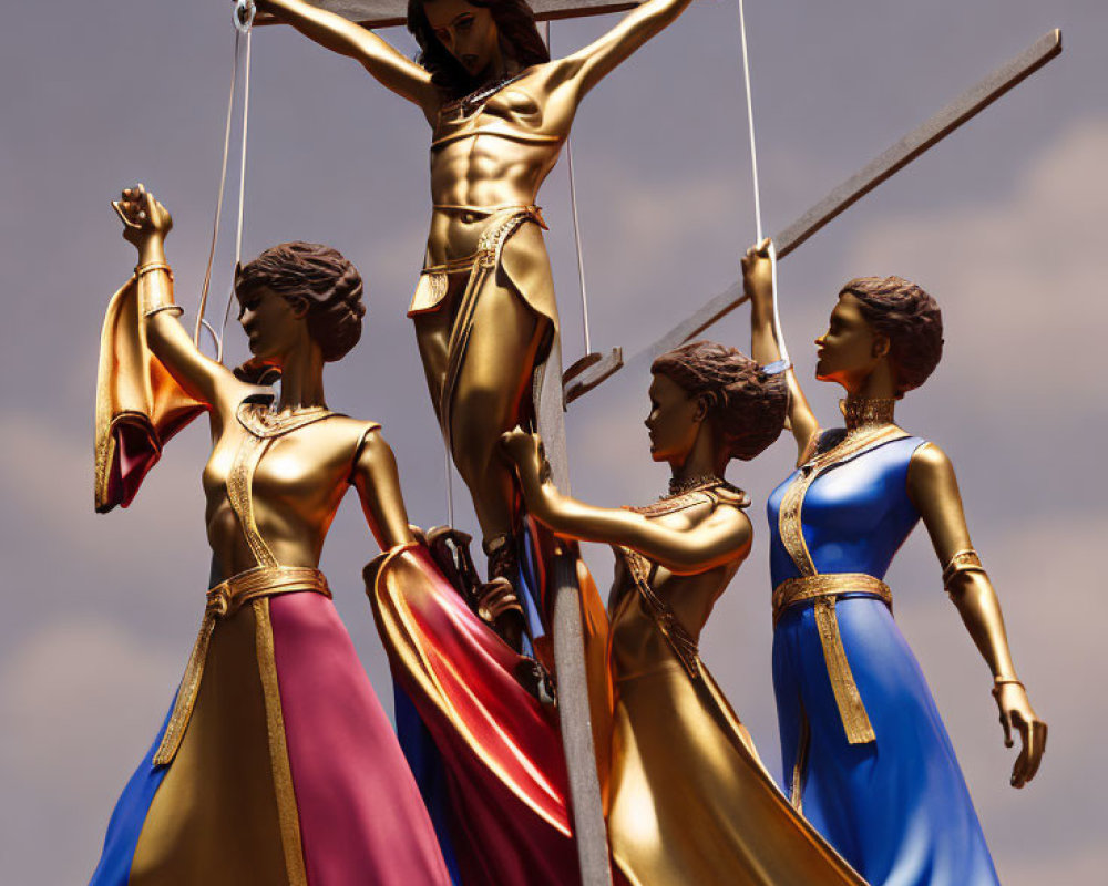 Stylized female figures in golden dresses with swords and capes against cloudy sky