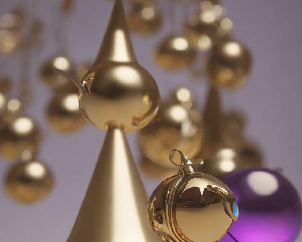 Golden Bells and Purple Sphere in Dreamy Beige Environment