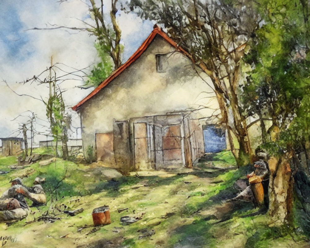 Rustic house, trees, dirt path, and person in watercolor art