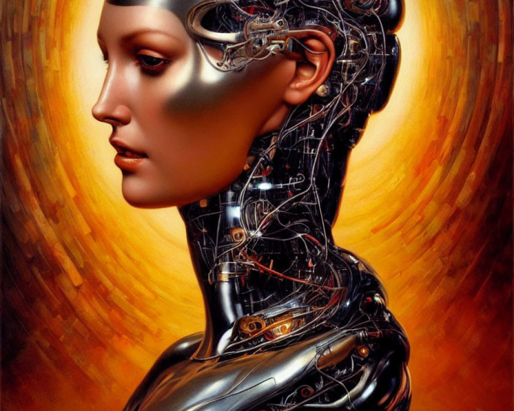 Detailed Hyper-Realistic Portrait of Female Robot with Gold Face