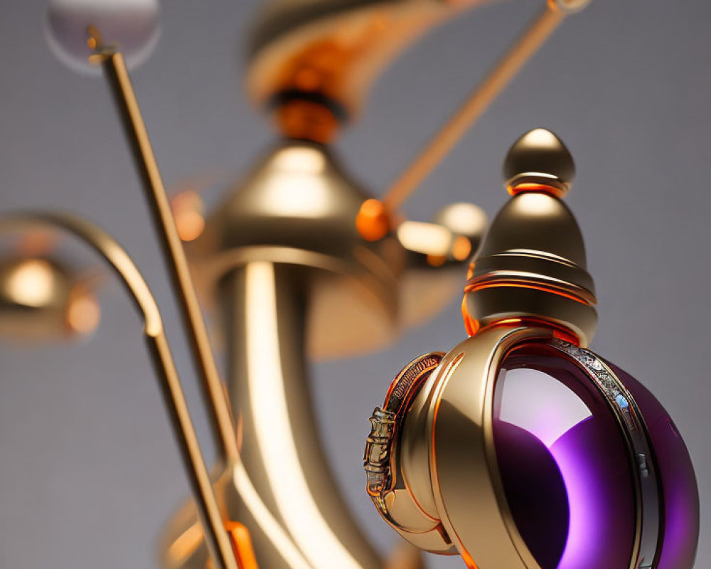 Futuristic gold machine with purple lens and spinning spheres