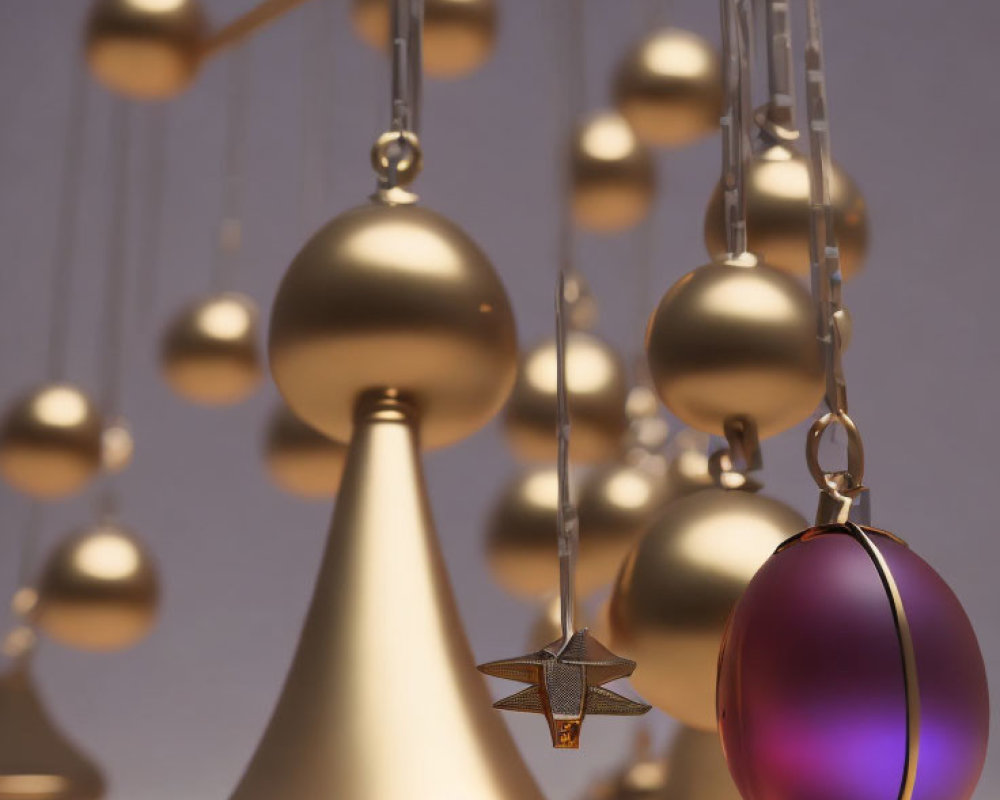 Golden ornaments and baubles in varying heights, one with purple hue and star design