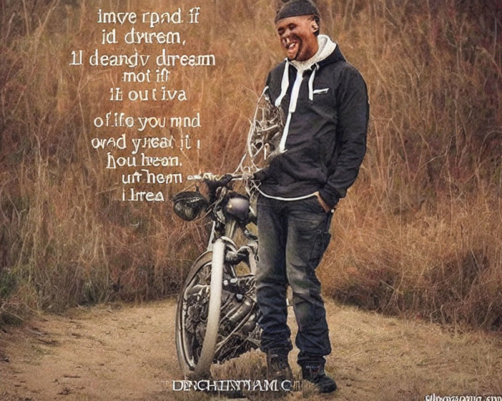 Person smiling next to motorcycle on grassy field with overlay text