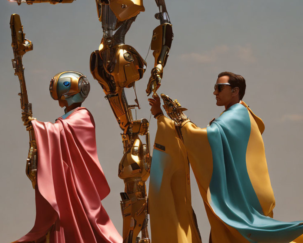 Humanoid robots and person in capes under hazy sky with sun