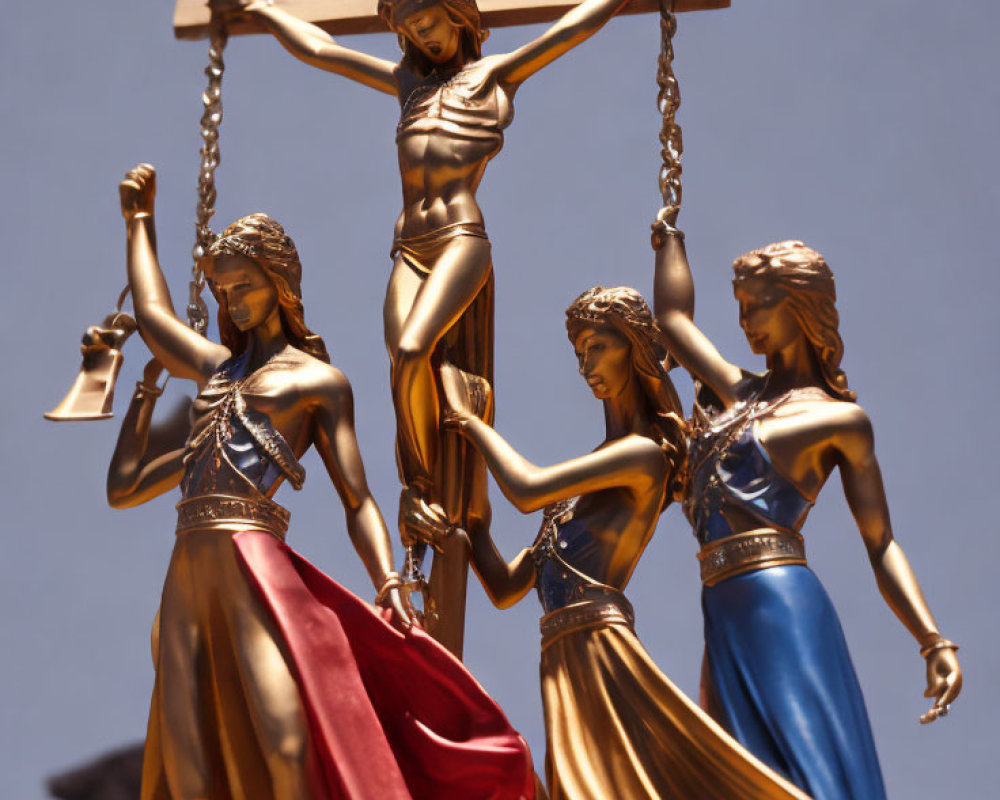 Four Metallic Lady Justice Statues Surround Central Crucifix under Clear Sky