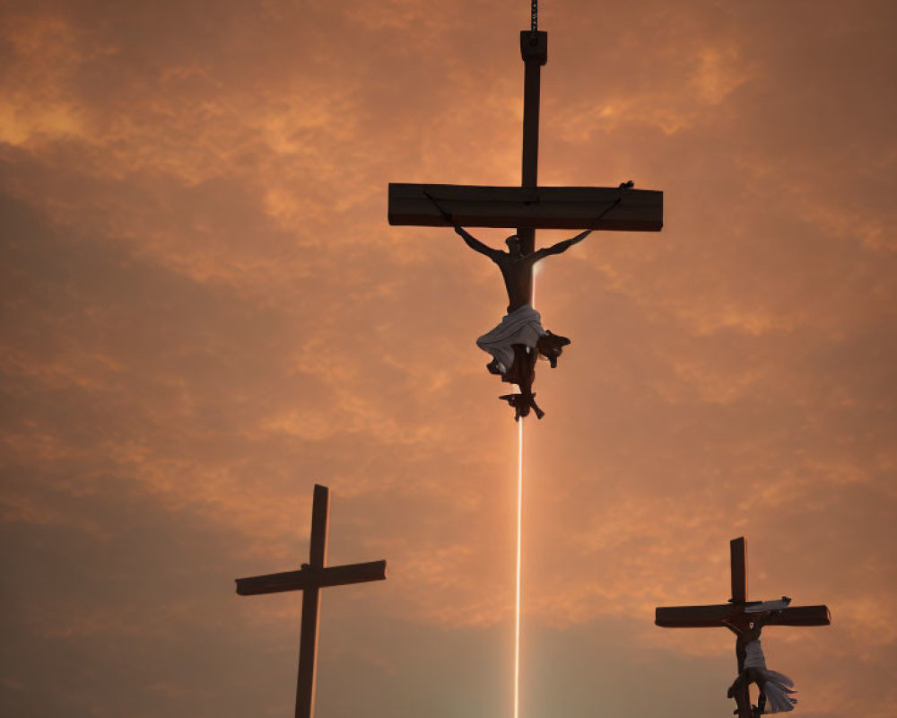 Religious painting: Three crosses under orange sky, central figure emits bright beam