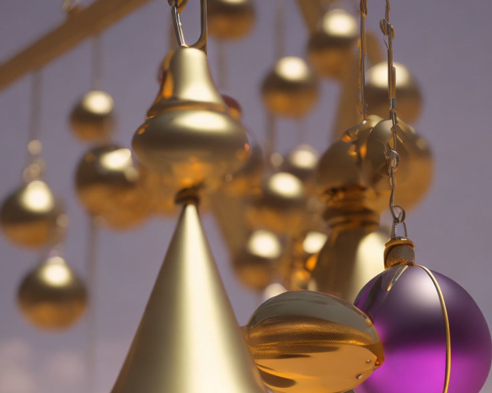 Golden bells and purple bauble on soft golden background with blurred carousel.