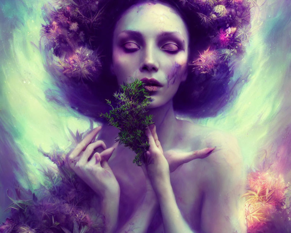 Ethereal figure with flower halo and tree in soft purple light