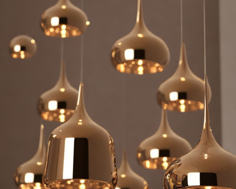 Reflective Gold Finish Pendant Lights on Varied Heights Against Gray Background