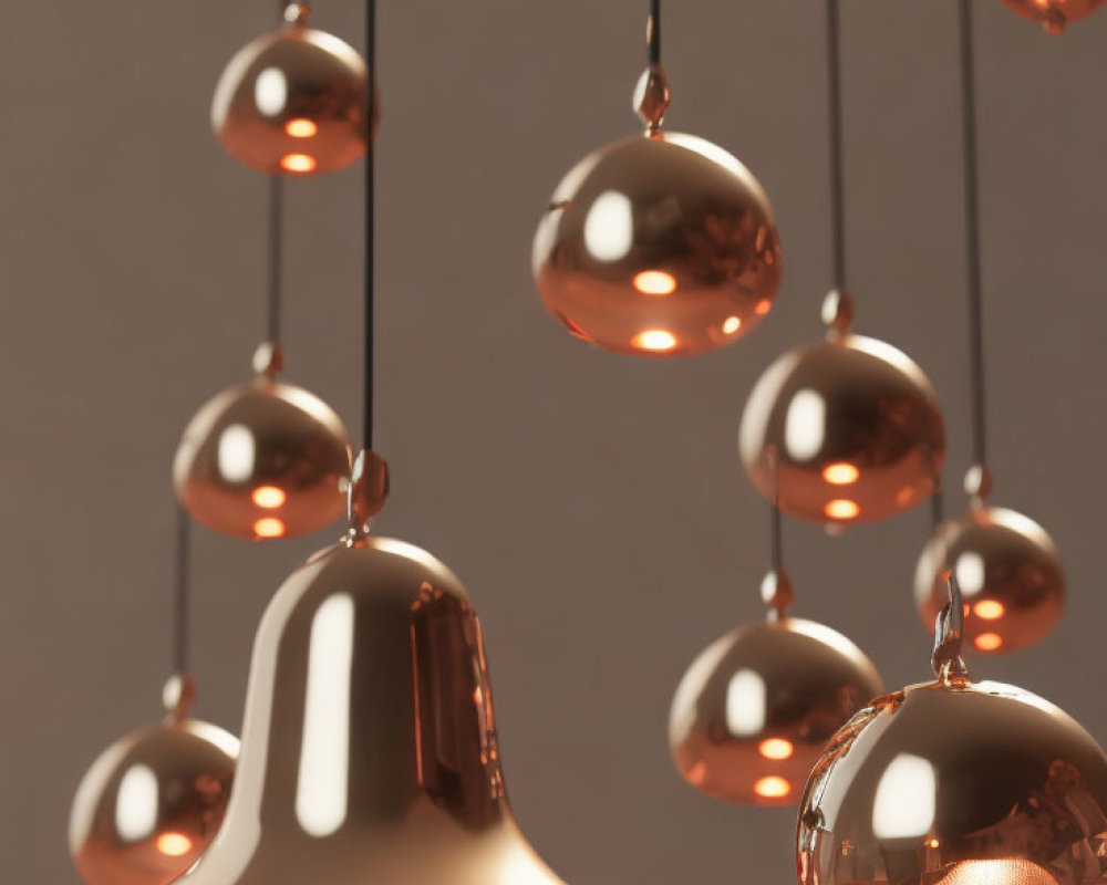 Copper Pendant Lights with Bell and Spherical Ornaments on Neutral Background