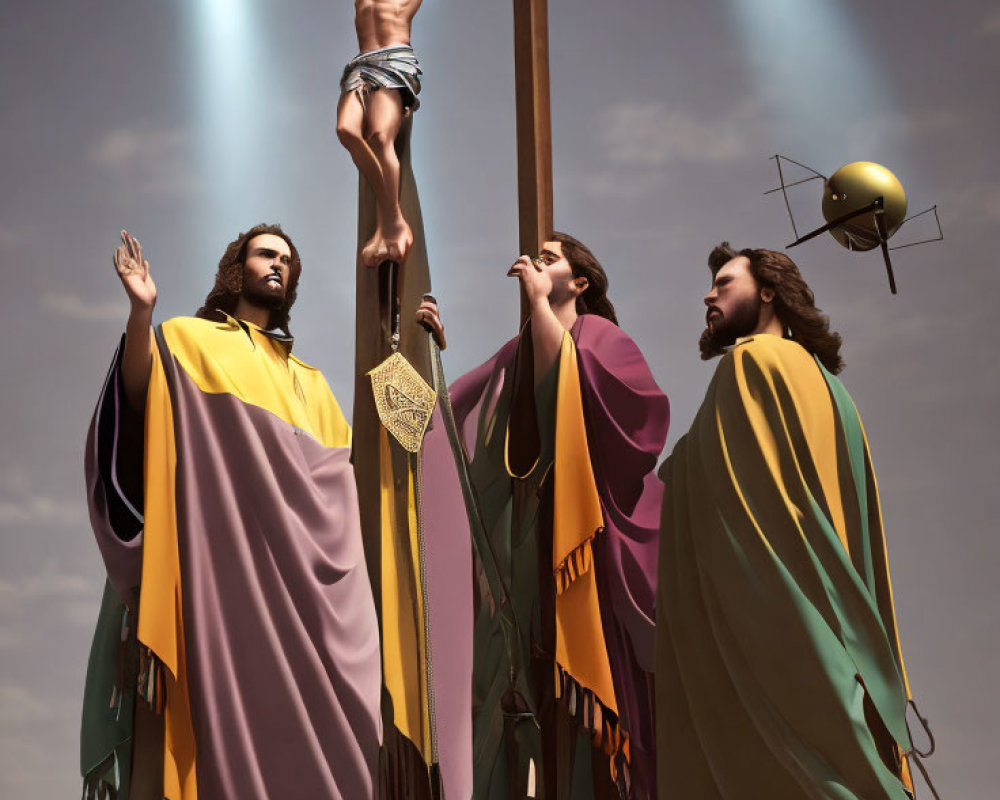 Digital image of crucifixion scene with robed figures and golden object under cloudy sky