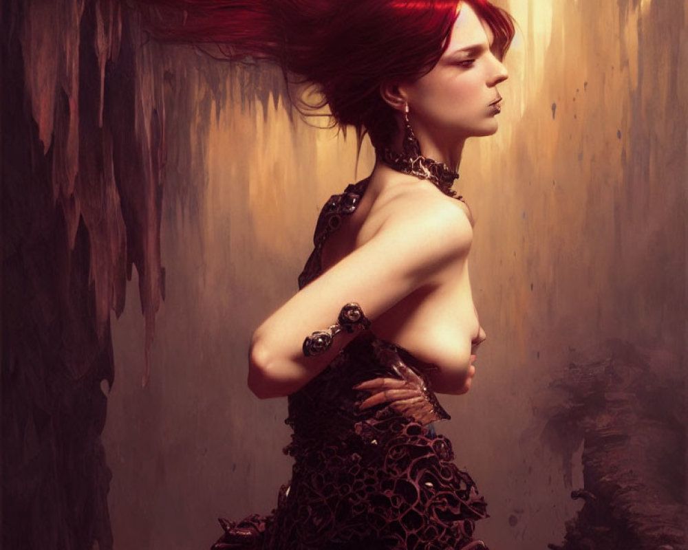 Red-haired woman in dark, intricate dress exudes fantasy ambiance