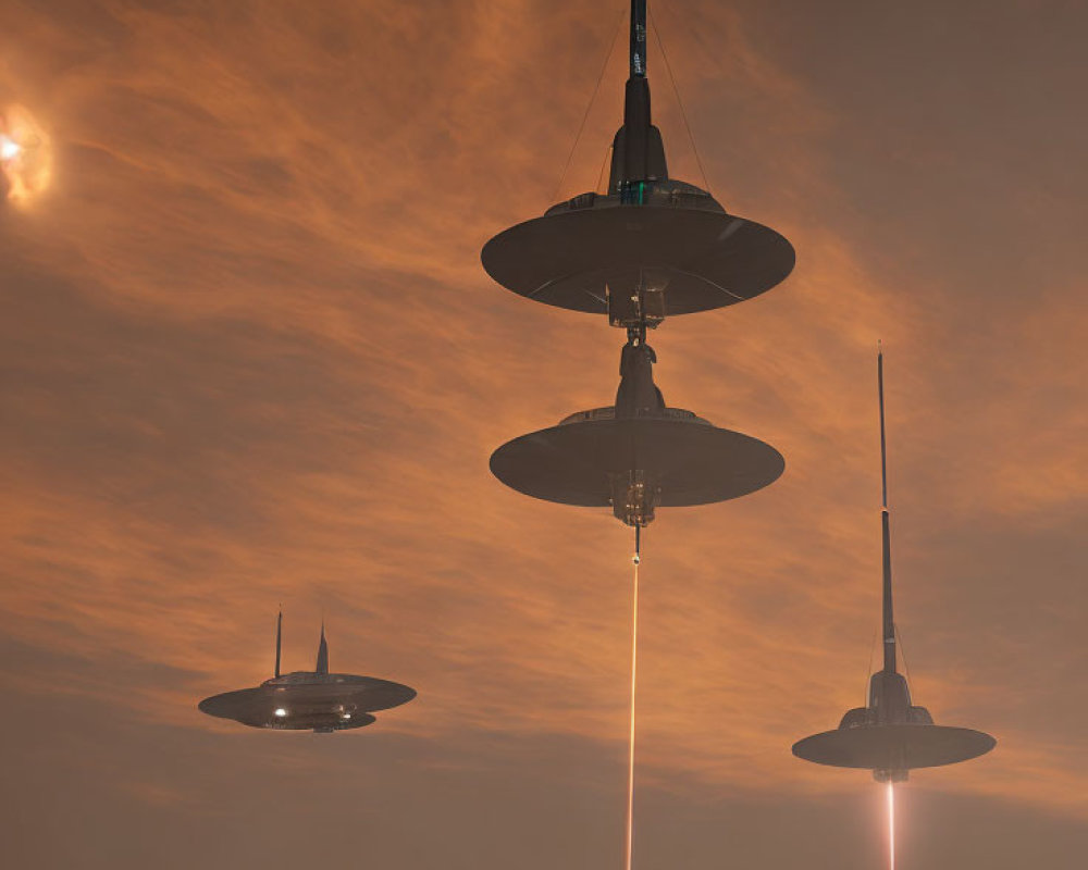 Three UFOs with beaming lights in cloudy orange sky