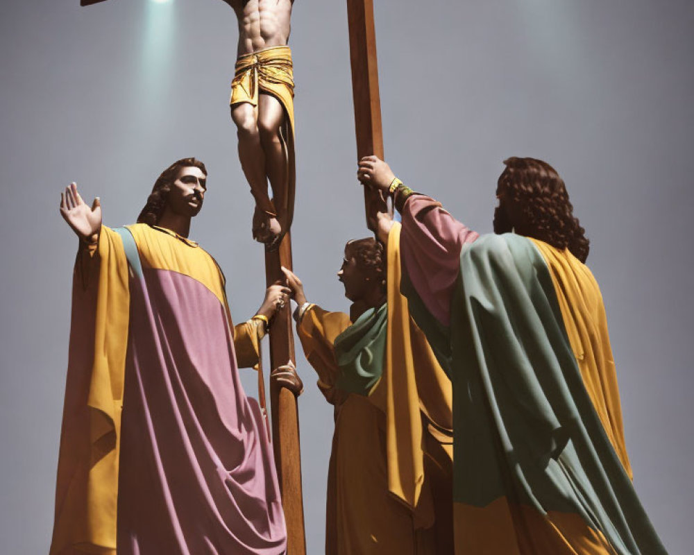 Religious statues of Jesus crucifixion under clear sky