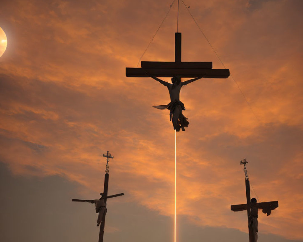 Religious crosses under orange sky with figure and light beams