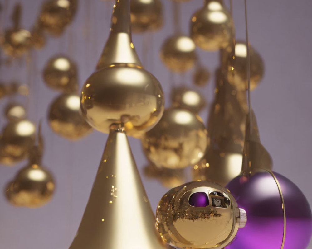 Golden Cone-Shaped and Spherical Ornaments with Purple Accents on Violet Background