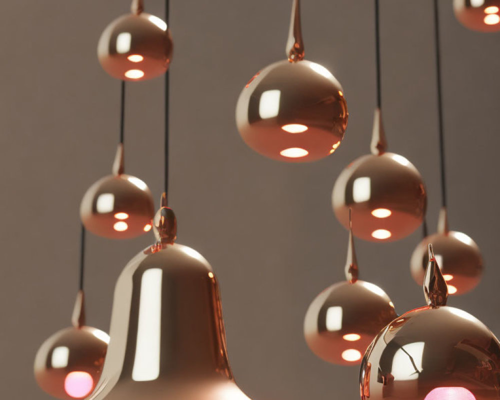 Spherical and bell-shaped copper pendant lights on muted background