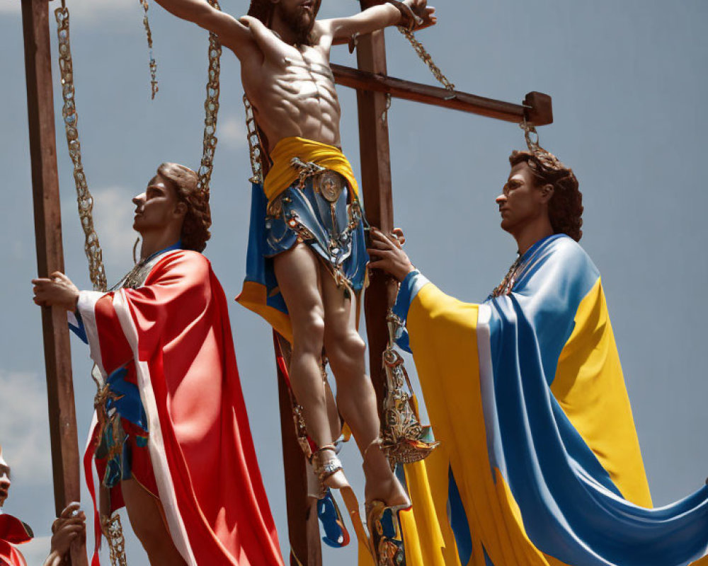 Religious procession depicting crucifixion scene with Roman soldiers under blue sky