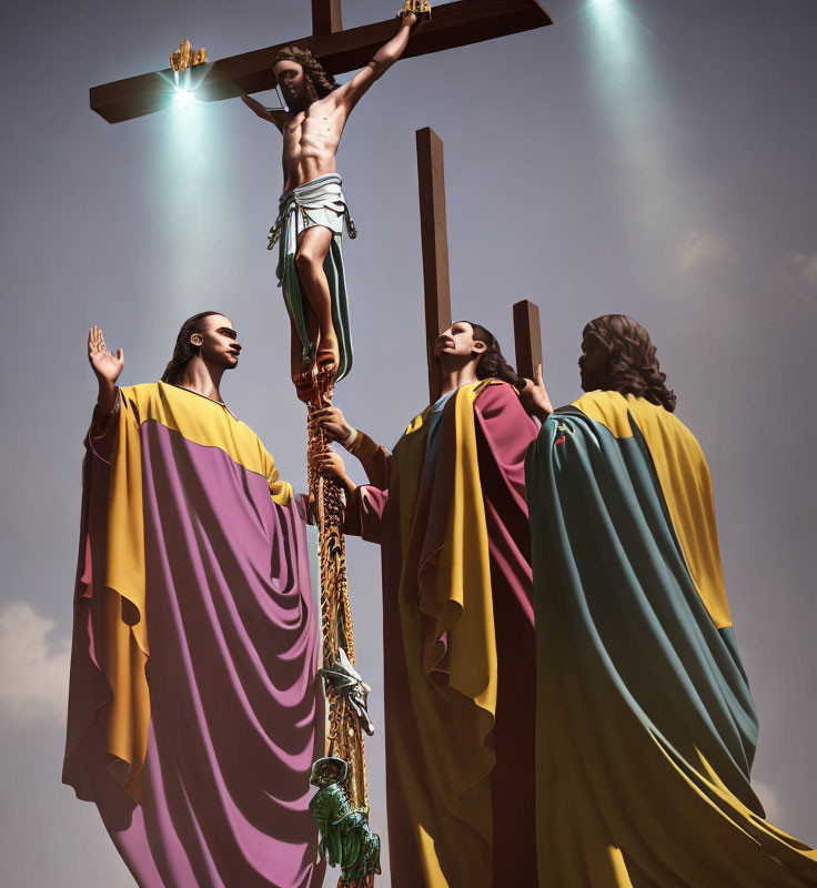 Three robed figures observe crucified person under cloudy sky with shining light rays