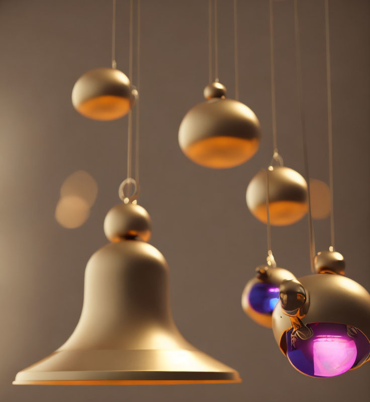 Gold and Purple Light Spherical and Bell-Shaped Pendants for Modern Interior