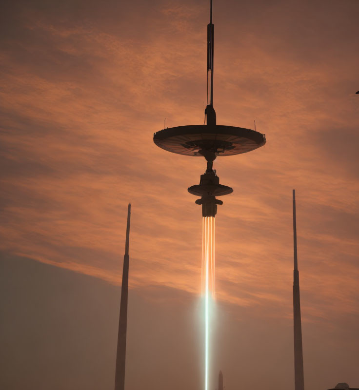 Futuristic cityscape at sunset with towering structure and bright beam of light