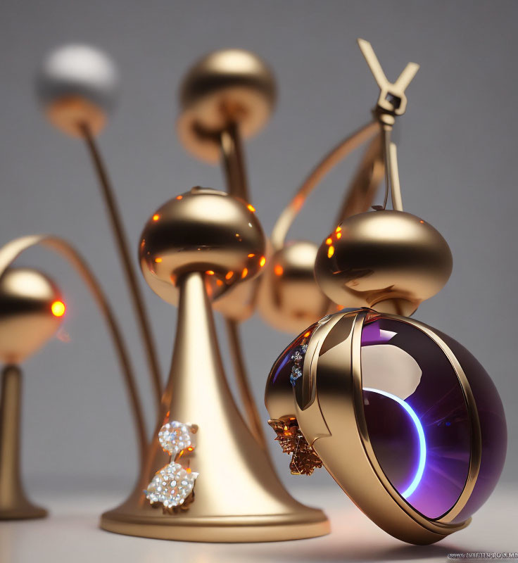 3D Rendered Composition: Gold and Silver Spheres with Orange and Purple Accents