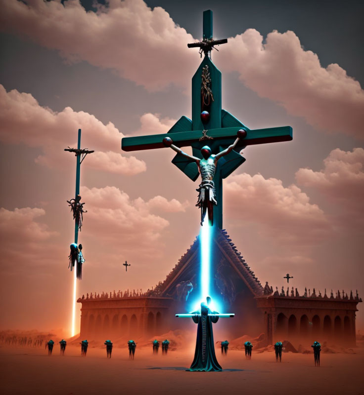 Three Large Crosses and Figures in Dusty Sunset Sky