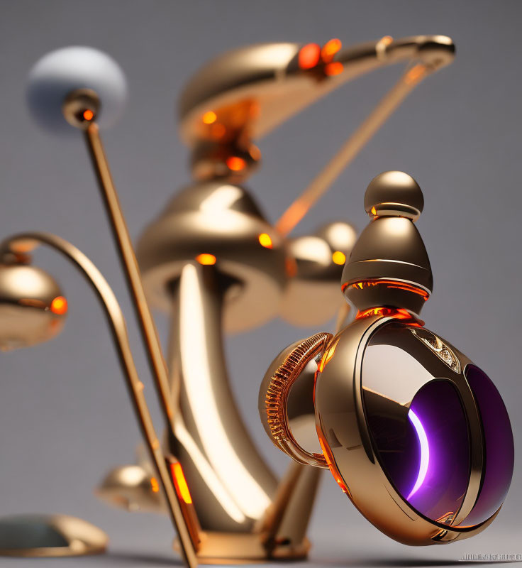 Futuristic 3D abstract sculpture with golden spheres on neutral background