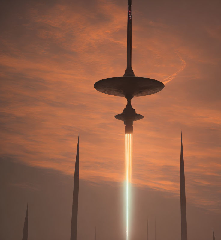 Futuristic cityscape with tall spires and central tower under hazy orange sky