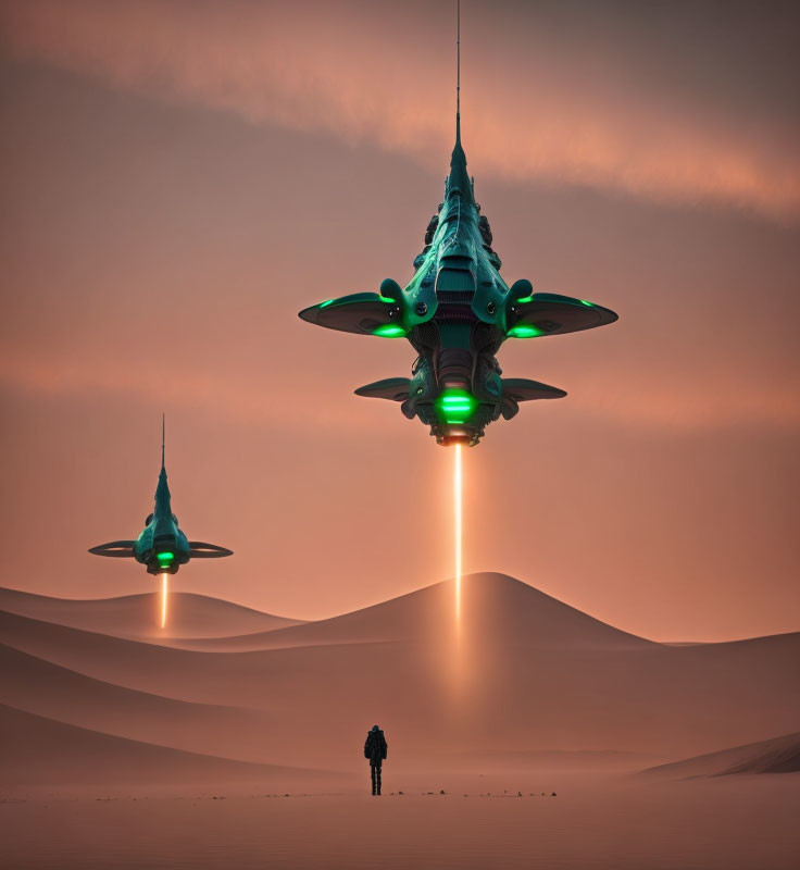 Futuristic spacecraft emitting light in desert scene