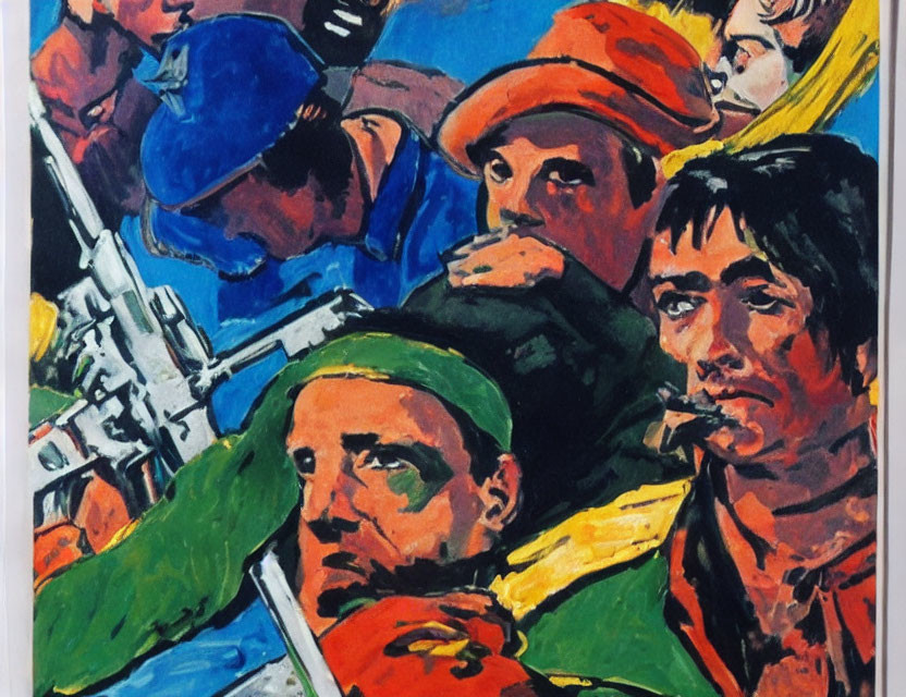 Colorful Expressionist Painting of Group in Uniforms