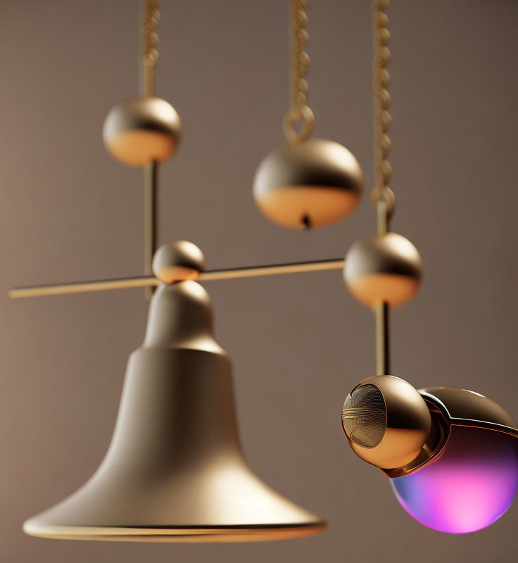 Modern abstract balance scale with spherical weights on metallic structure