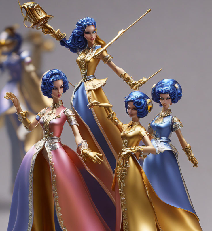 Four Elegant Figurines in Regal Blue and Gold Costumes Holding Scepters