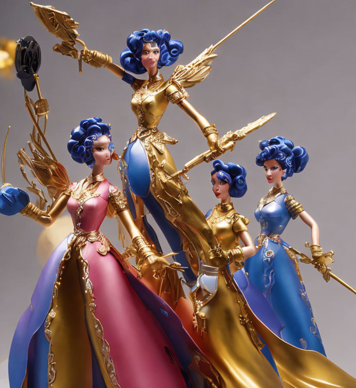 Stylized medieval fantasy figurines with weapons and shields in vibrant colors