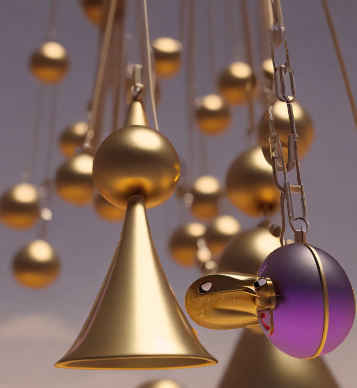 Golden Bells and Spheres on Chains Against Creamy Background