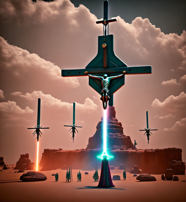 Glowing futuristic swords in desert landscape with multiple suns